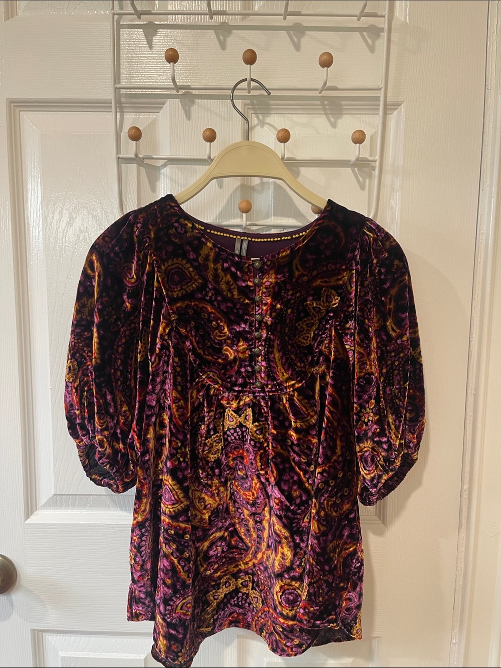 Anthropologie Velvet Button-Front Top in Purple and Gold Paisley